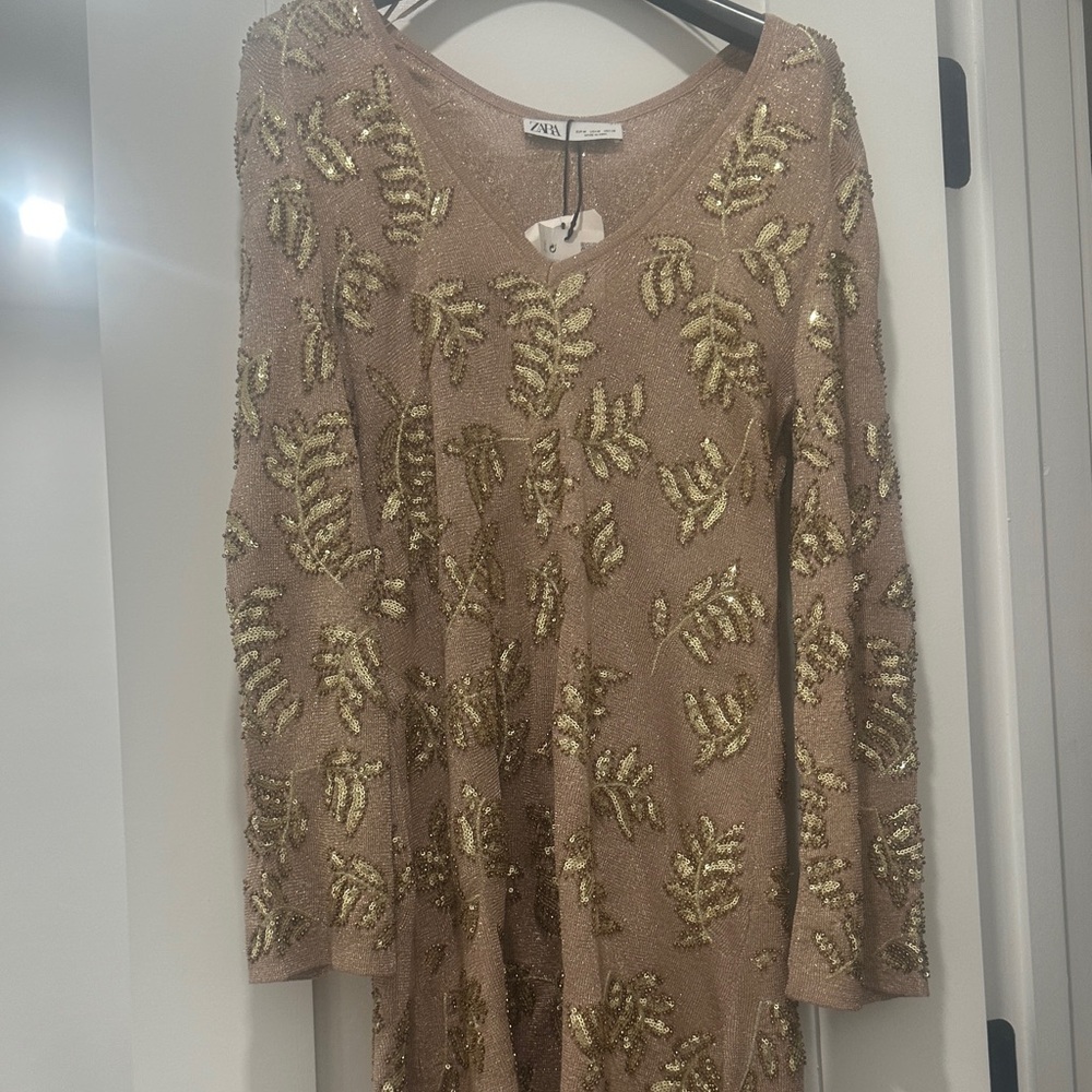 Zara Beige Dress with Gold Leaf Accents